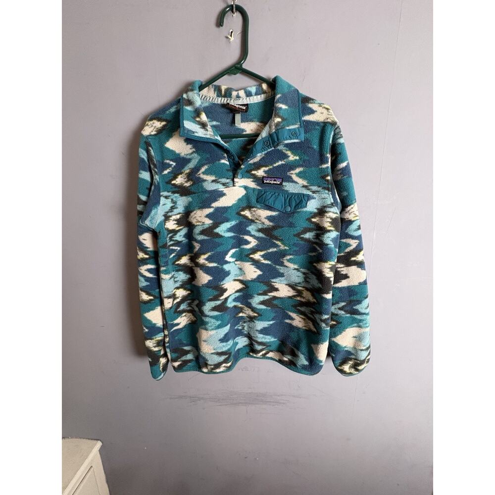 Patagonia Women's Medium Synchilla T Snapt Fleece Blue Navy Jacket Abstract-35